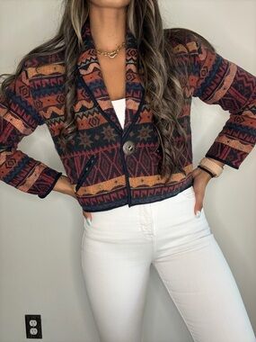 Cropped Aztec Tapestry Cardigan Jacket - Rust, Navy, Black